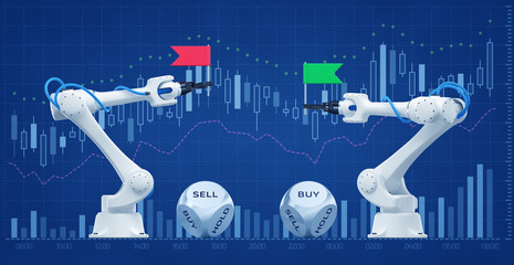 Trading Robots On Stock Market. Illustration / 3d rendering graphic composition on the subject of 'Financial Technologies / Stock Exchange'.