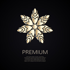 Fototapeta na wymiar Golden flower shape. Gradient premium logotype. Isolated floral logo. Business identity concept for bio, eco company, yoga or spa salon.