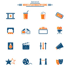 Set of Universal Cinema Related Vector Icon set for web and mobile. Contains such Icons as Movie Theater, TV, Popcorn, Video Clip and more.