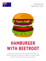 Hamburger with beetroot. Traditional australian dish. View from above. Vector flat illustration.