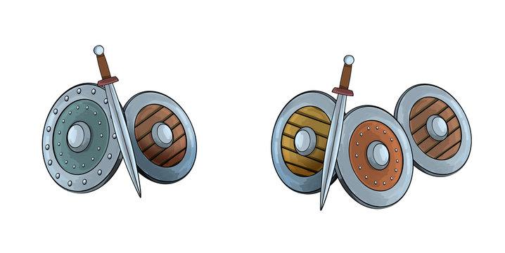 cartoon scene with shields and swords on white background - illustration for children