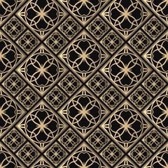 Seamless pattern oriental ornament. Black and golden textile print. Islamic vector design. Floral tiles.