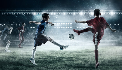 Fototapeta na wymiar Children play soccer. Mixed media