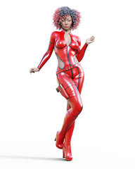 3D beautiful tall woman leather red bodysuit.Latex tight fitting suit.Gun in holster.Girl studio photography.High heel.Conceptual fashion art.Seductive candid pose.Realistic render illustration. 