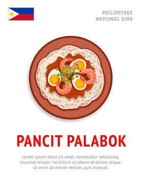 Pancit palabok. National filipino dish. View from above. Vector flat illustration.