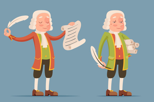 Peruke wig scroll writing feather chronicler writer scribe playwright noble medieval aristocrat mascot icon cartoon design vector illustration