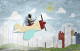 Aviator in drawn airplane. Mixed media