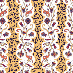 Seamless pattern with arabic calligraphy and arabesque. Design concept for muslim community festival Eid Al Fitr(Translation: thank god). Vector illustration - 195616460