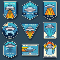 Alien spaceship, spacecrafts and ufo emblems set. Cosmic ship in form saucer for transportation. Color UFO badges set © barmaleeva