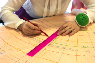 Seamstress, tailor, cutter with ruler and pencil. Pattern. Needles