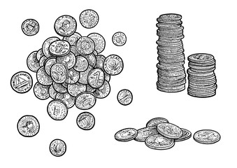 Money, coins illustration, drawing, engraving, ink, line art, vector