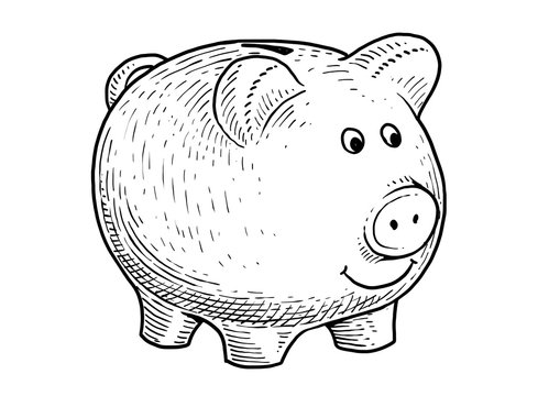 Piggy bank illustration, drawing, engraving, ink, line art, vector
