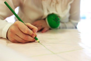 Seamstress, tailor, cutter with ruler and pencil. Pattern. Needles