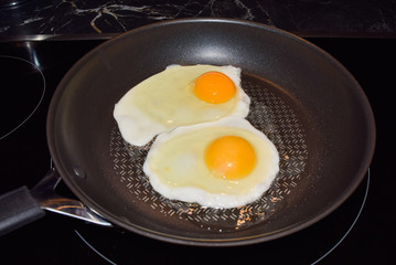 Two fried eggs in a pan, sunny side up fried eggs for breakfast