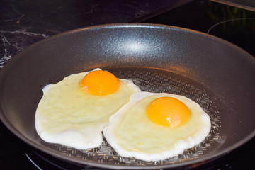 Two fried eggs in a pan, sunny side up fried eggs for breakfast