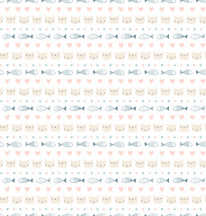 Cute hand drawn seamless vector pattern with funny cat faces, fish, hearts, on a white background. Scandinavian design style. Concept for kids textile print, wallpaper, wrapping paper.