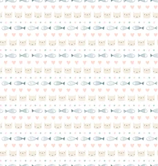 Tuinposter Cute hand drawn seamless vector pattern with funny cat faces, fish, hearts, on a white background. Scandinavian design style. Concept for kids textile print, wallpaper, wrapping paper. © Maria Skrigan
