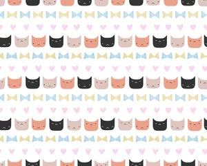 Tuinposter Cute hand drawn seamless vector pattern with funny cat faces, bows, hearts, on a white background. Scandinavian design style. Concept for kids textile print, wallpaper, wrapping paper. © Maria Skrigan