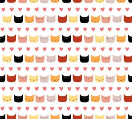 Zelfklevend Fotobehang Cute hand drawn seamless vector pattern with funny cat faces, hearts, on a white background. Scandinavian design style. Concept for kids textile print, wallpaper, wrapping paper. © Maria Skrigan