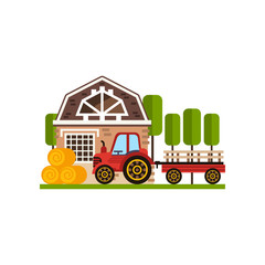 Naklejka premium Rural cottage and tractor, farm building, countryside construction vector Illustrations on a white background