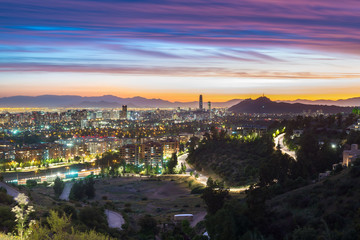 Panoramic view of Santiago de Chile with Las Condes and Vitacura districts and the wealthy neighborhood of Lo Curro