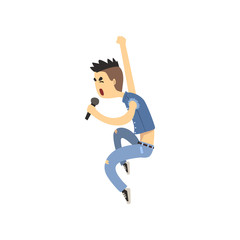 Fototapeta na wymiar Teenager singer sing in microphone. Vocalist of rock or metal band. Funny guy in denim vest and pants. Cartoon character of young musician. Colorful flat vector design