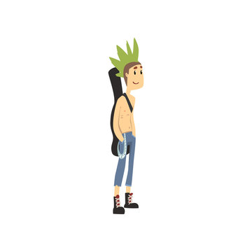 Funny punk rocker with guitar bag on shoulders. Guy with green mohawk dressed in ripped jeans with chain. Cartoon character of young musician. Flat vector design