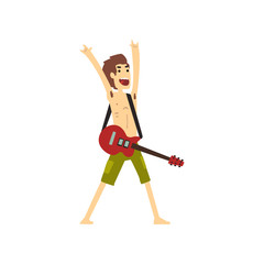 Joyful man standing with electric guitar and showing rock sign. Cartoon character of young musician. Guy dressed in green shorts. Guitarist on stage. Flat vector design
