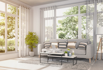 3D rendering of interior modern room and green landscape in window.