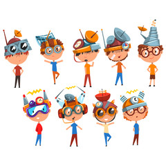 Scientist children working on physics science experiment set, boy in fantastic headdress with antennas vector Illustrations on a white background