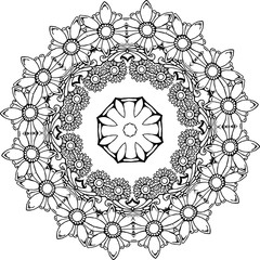 Black and white illustration of a mandala - a flower of life. Cosmic space.