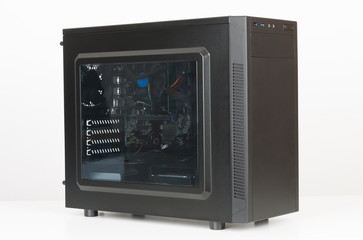 Midi tower computer case with transparent side panel on white background. - obrazy, fototapety, plakaty