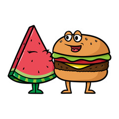 Cartoon Watermelon Kissing Hamburger