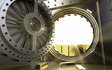 3D rendering of a bank Vault with gold bars inside