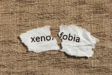 Torn paper written xenofobia, portuguese and spanish word for xenophobia, over wood table. Concept...