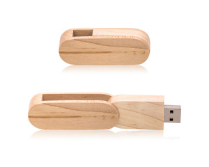 Wooden flash drive isolated on white background. USB stick made from wood material. ( Clipping path )
