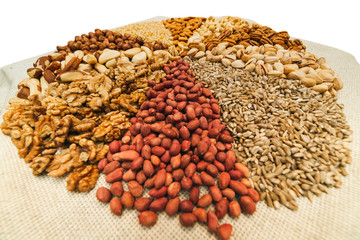 Fototapeta premium Nuts mix in a canvas bag in table. Ten kinds of nuts: pecan, brazil, cedar, sunflower, hazelnut, almond, peanut, walnut, pistachio, cashew.