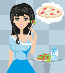 Woman on a diet dreaming of pizza