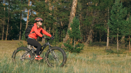 Obraz premium Fat bike also called fatbike or fat-tire bike in summer riding in the forest. Beautiful girl and her bicycle in the forest. She rolls her bike and poses to the operator.