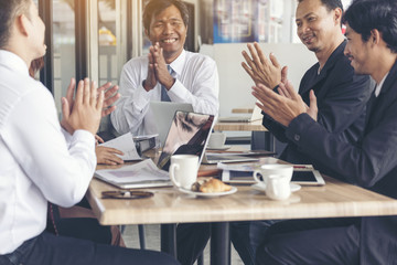 Business Marketing Team Collaborate in office. Group of people meeting working together.Marketing communications strategy business office.Business Teamwork conference meeting outside.Business Concept