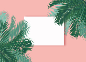 Palms leafs blank card pink background concept