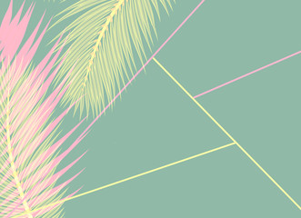 pink and yellow Palms leafs blue background concept