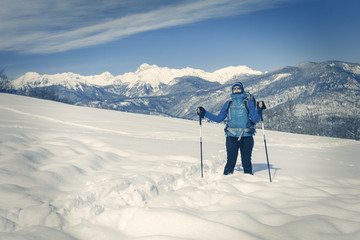 Fototapeta na wymiar A Hiker trekking in winter landscape.