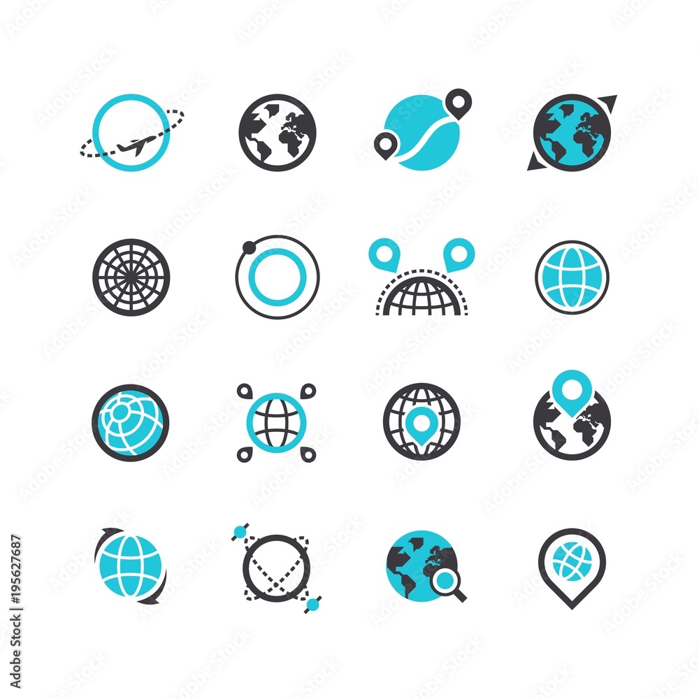 Poster black silhouette and line icons of planets and global positioning system. tracks and routes. vector 