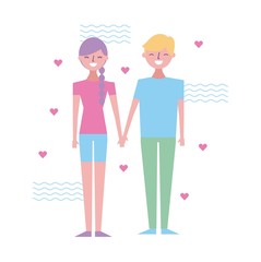 people cute couple holding hands cartoon vector illustration