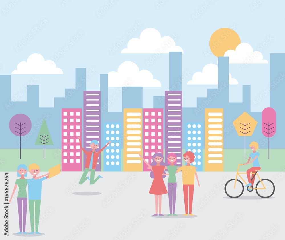 Wall mural young happy people in the city successful smiling men and women vector illustration