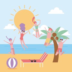 people jumping enjoy beach summer landscape vector illustration