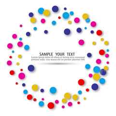 Colored confetti in the shape of a circle.Multicolored mugs in the shape of a round frame