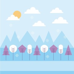 winter landscape snowfall mountains trees sky vector illustration