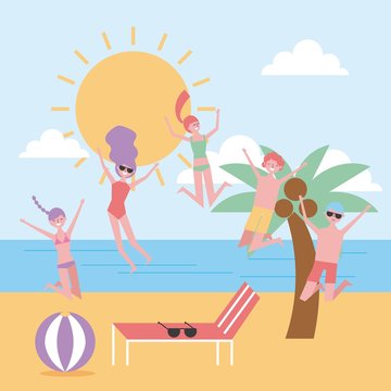 people jumping enjoy beach summer landscape vector illustration